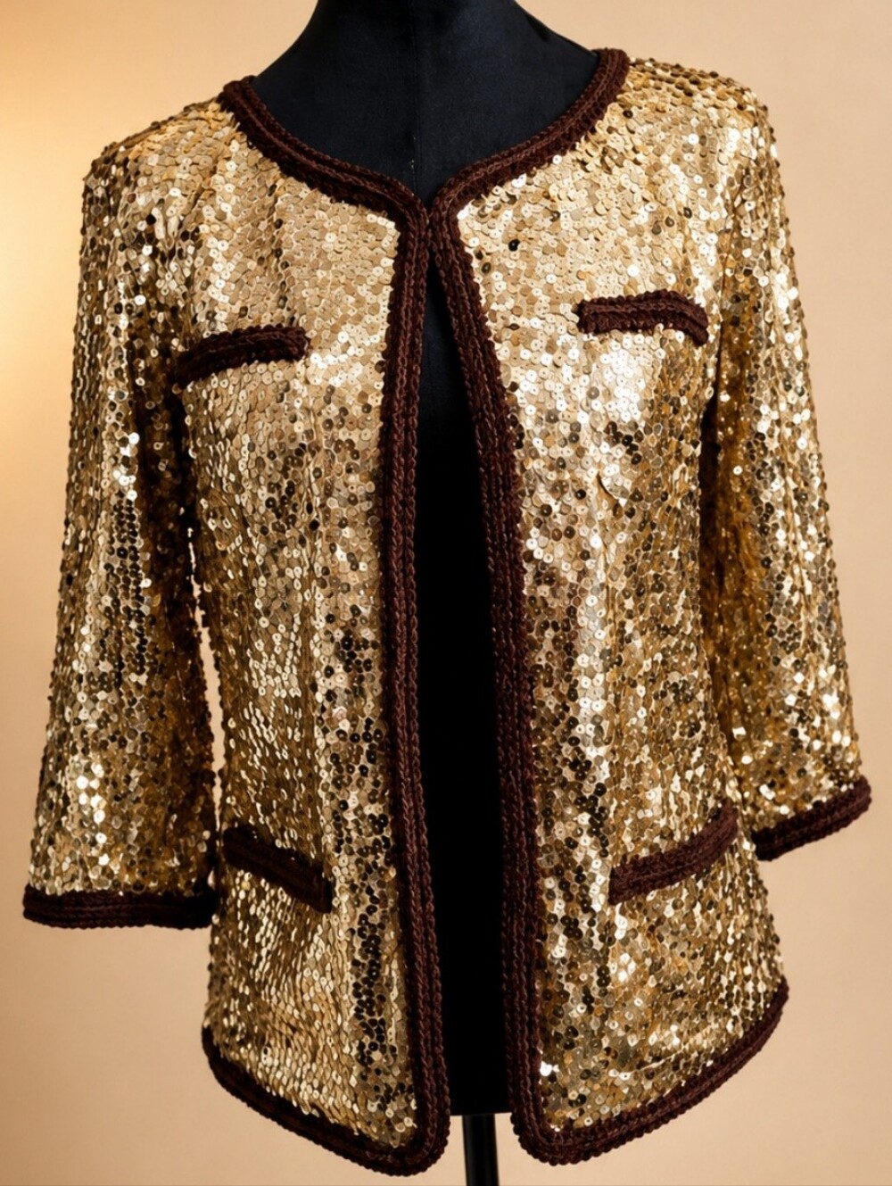 IMAN Vintage Gold Sequin Open-Front Jacket with Brown Trim